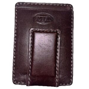 Fossil Vintage Leather Money Clip / Card Holder Mens Brown Small Compact